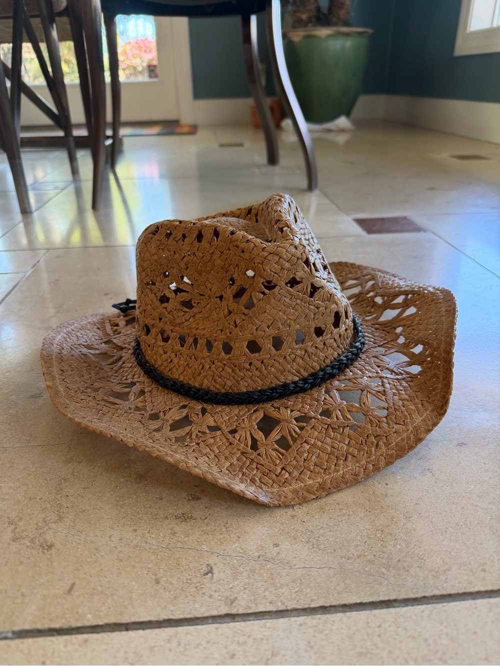 Woven Straw Cowboy Hat with Braided Band - Brown